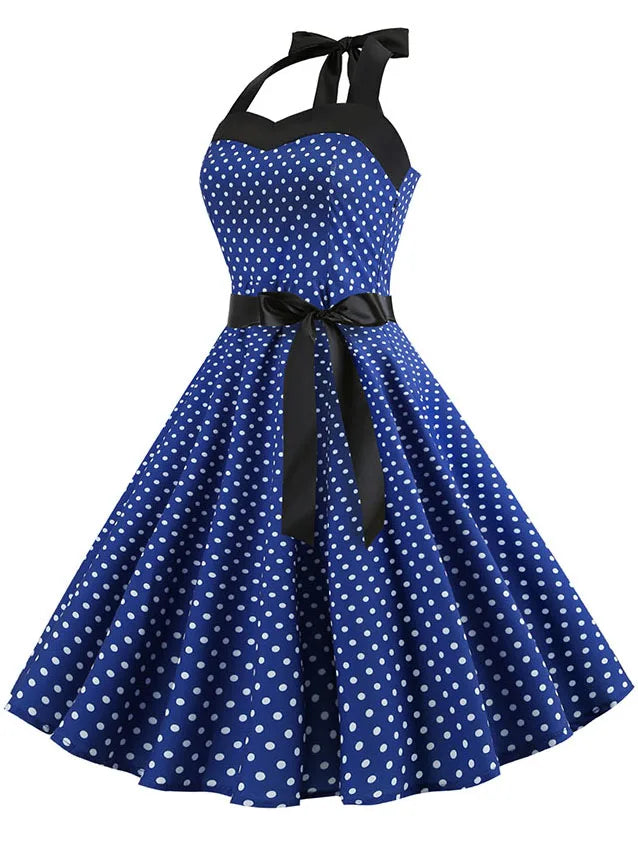 Polka Dot Dress Women Vintage Swing Halter Belt 50s 60s Rockabilly Prom Party Dresses Retro Feminino Vestidos