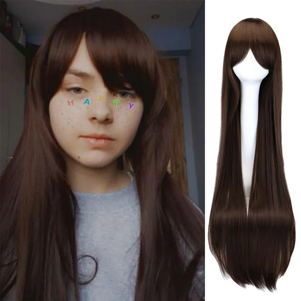 QQXCAIW Long Straight Cosplay Wig Black Purple Black Red Pink Blue Dark Brown 100 Cm Synthetic Hair Wigs