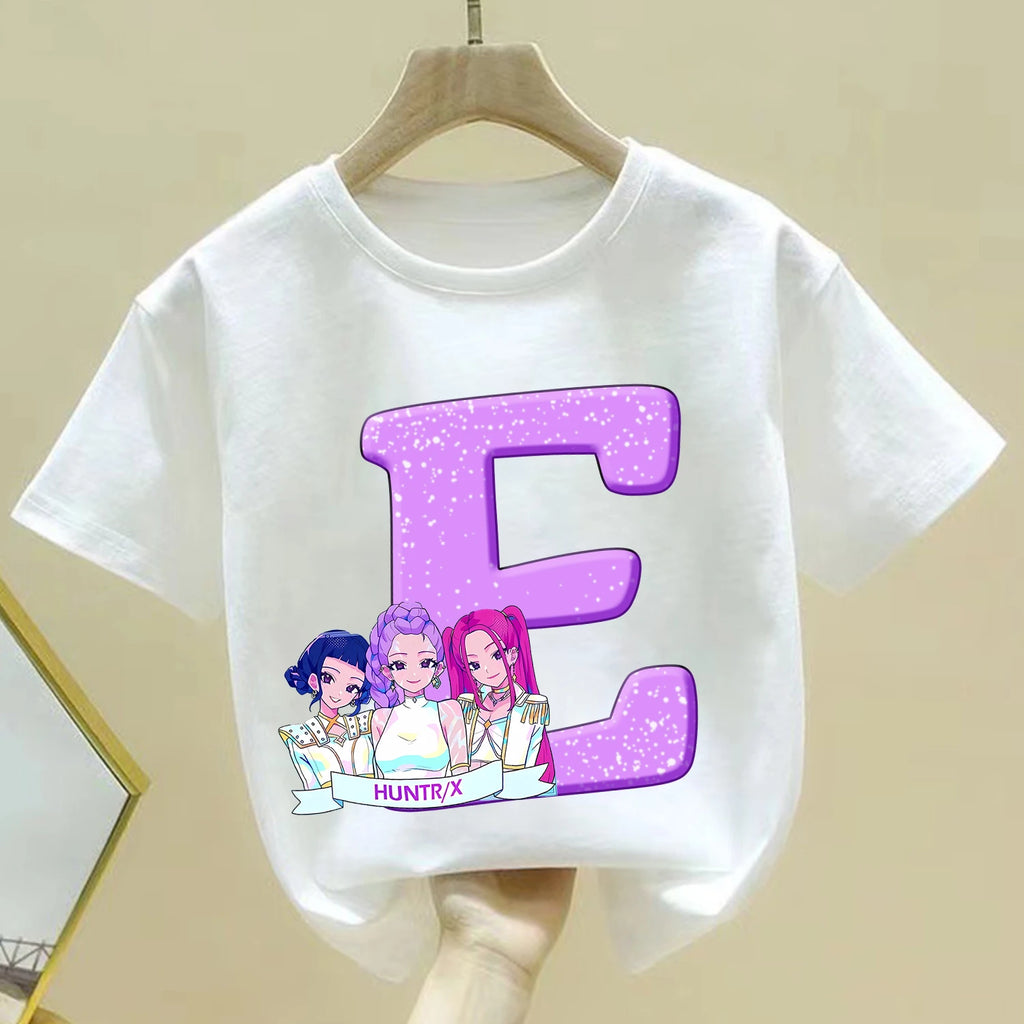 KPop Demon Hunters T-shirt for Children Cartoon A-Z Letters Tee Top White Round Collar Clothes Kids Short Sleeve Clothing Gift