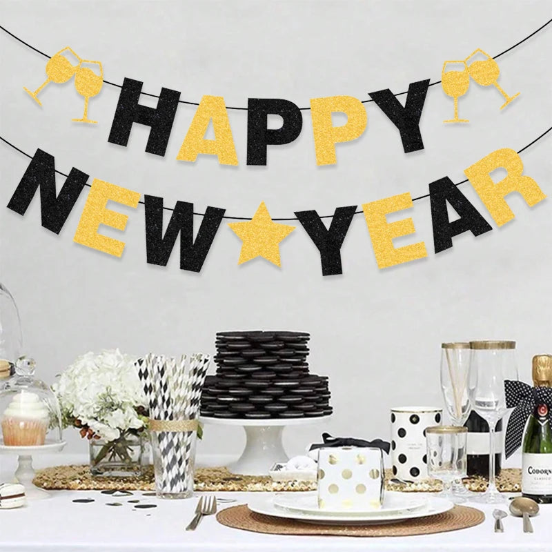 2026 Happy New Year Banner, Black and Gold with Glitter and Wine Glasses,New Year Party Decoration