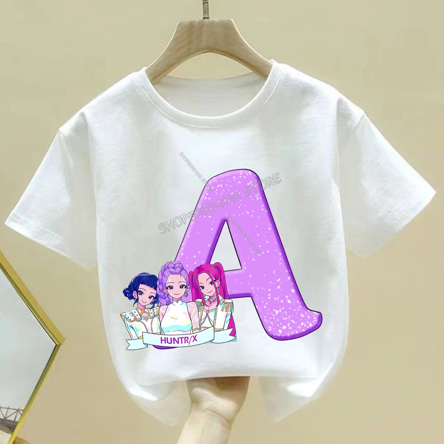 KPop Demon Hunters T-shirt for Children Cartoon A-Z Letters Tee Top White Round Collar Clothes Kids Short Sleeve Clothing Gift