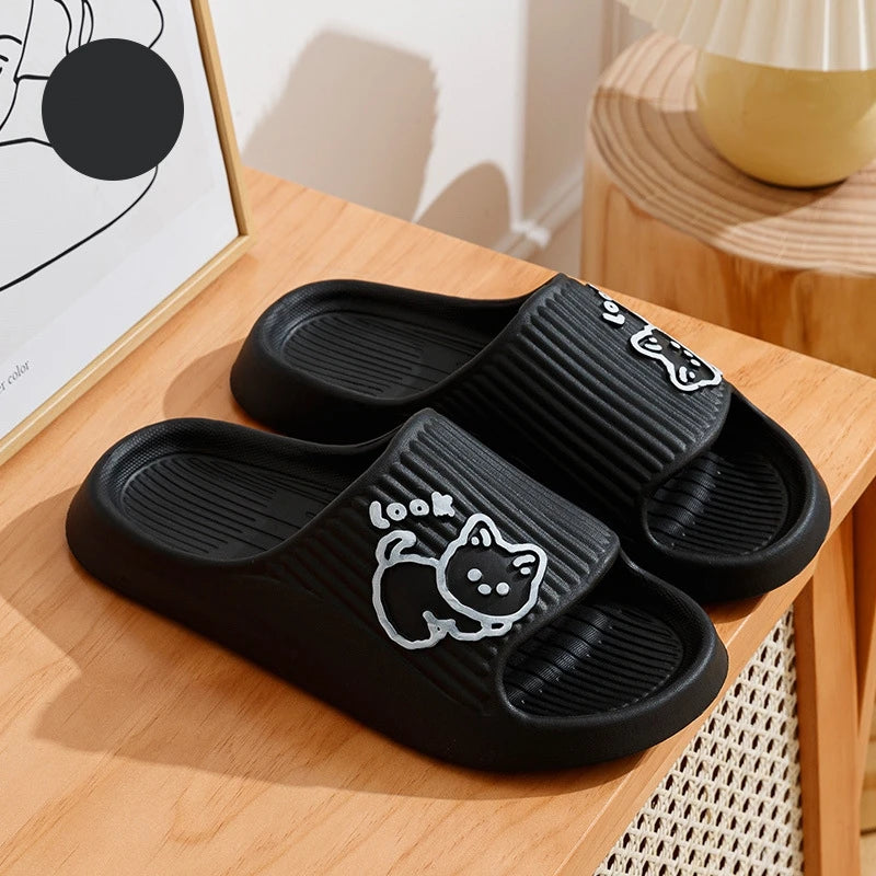 Cute Cartoon Kitten Women's Summer Slippers Indoor Bathroom Cloudy Soft Sole Non-slip Leisure Comfort Couple Home Shoes