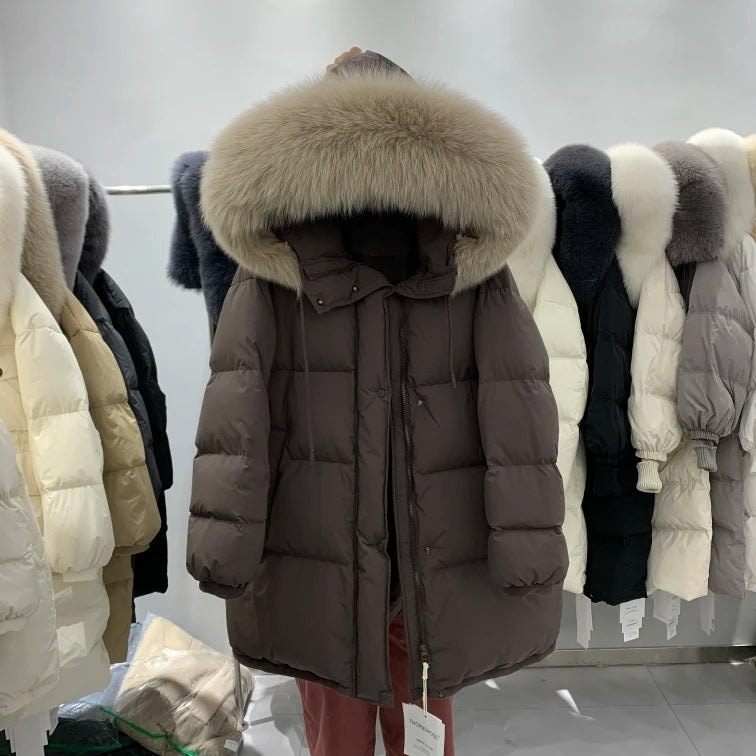 Winter Clothes for Women New 90 White Duck Down Thick Warm Gutless Long Down Coats Fox Big Fur Collar Casual Loose Hooded Parka