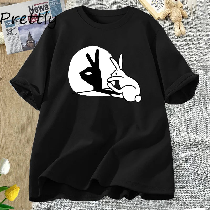 Funny Rabbit Hand Shadow T-Shirt Cute Cotton Short Sleeve T Shirt for Men Women Couple Short Sleeve Tops Harajuku Y2k Clothing