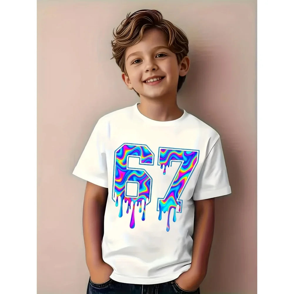 Fun Boys' Six Seven 67 Christmas Snowflake Print T-Shirt Casual O-Neck Short Sleeve Tee Fashion Short Sleeve Kids Clothes Boys
