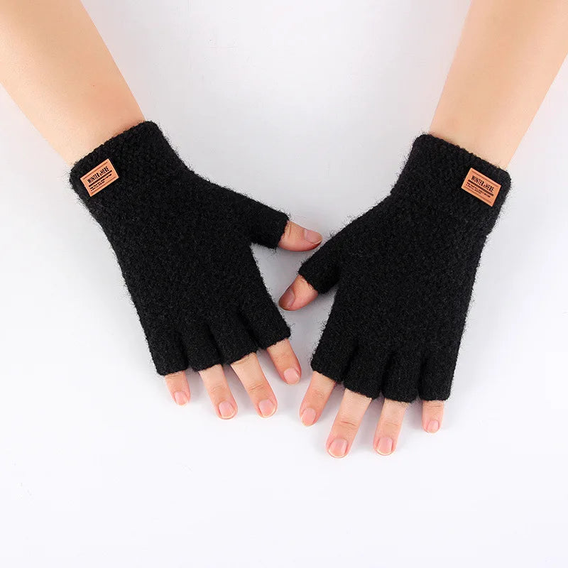Winter Gloves For Men Half Finger Writting Office Cycling Knitted Gloves Students Alpaca Wool Warm Thick Elastic Driving Gloves