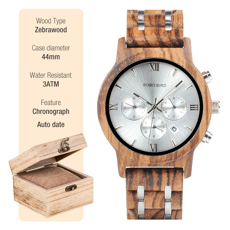 BOBO BIRD Wooden Watch Men erkek kol saati Luxury Stylish Wood Timepieces Chronograph Military Quartz Watches Custom Wood Gift