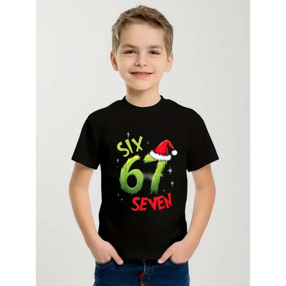 Fun Boys' Six Seven 67 Christmas Snowflake Print T-Shirt Casual O-Neck Short Sleeve Tee Fashion Short Sleeve Kids Clothes Boys