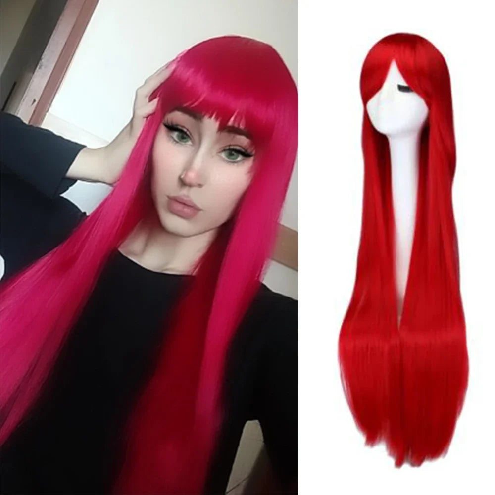 QQXCAIW Long Straight Cosplay Wig Black Purple Black Red Pink Blue Dark Brown 100 Cm Synthetic Hair Wigs
