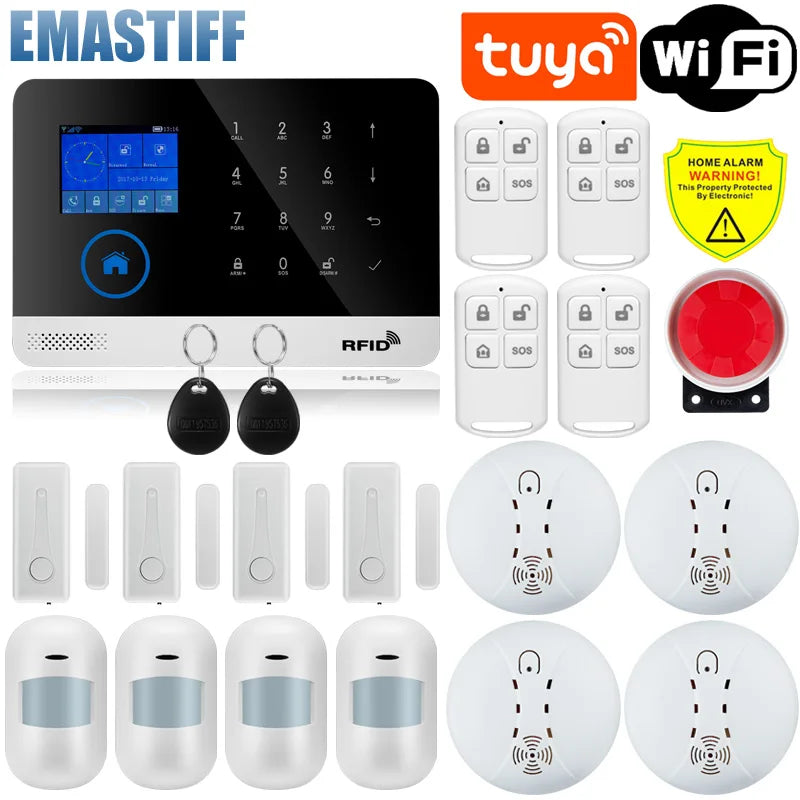 Wireless Tuya APP SIM GSM Home RFID Burglar Security LCD Touch Keyboard WIFI GSM Alarm System Sensor kit Russian,Spanish Voice