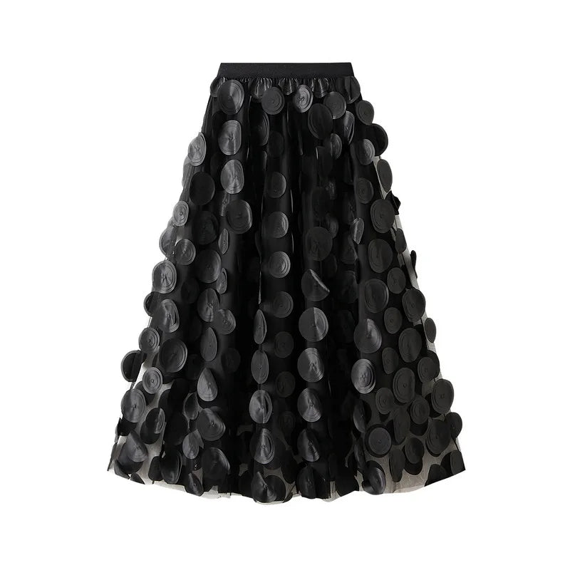 Autumn Winter 3D Circular Applique Mesh Long Skirts 2024 Korean Fashion Hepburn Style High Waist A-LINE Skirt