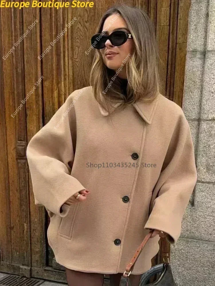 Fashion Lapel Woolen Jacket For Women 2025 Spring Single Breasted Long Sleeve Coats Female Elegant Oversized Chic Street Outwear