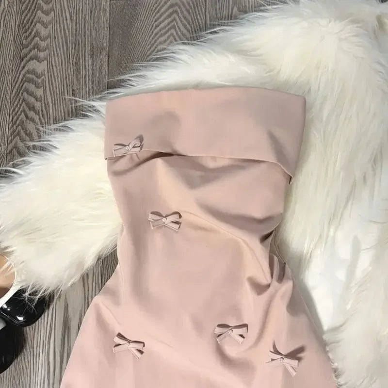 Korean Style Pink 3D Butterfly Knot Tube Top Mini Dress Women's Spring Summer Pure Desire Sexy Waist Cinching Short Skirt