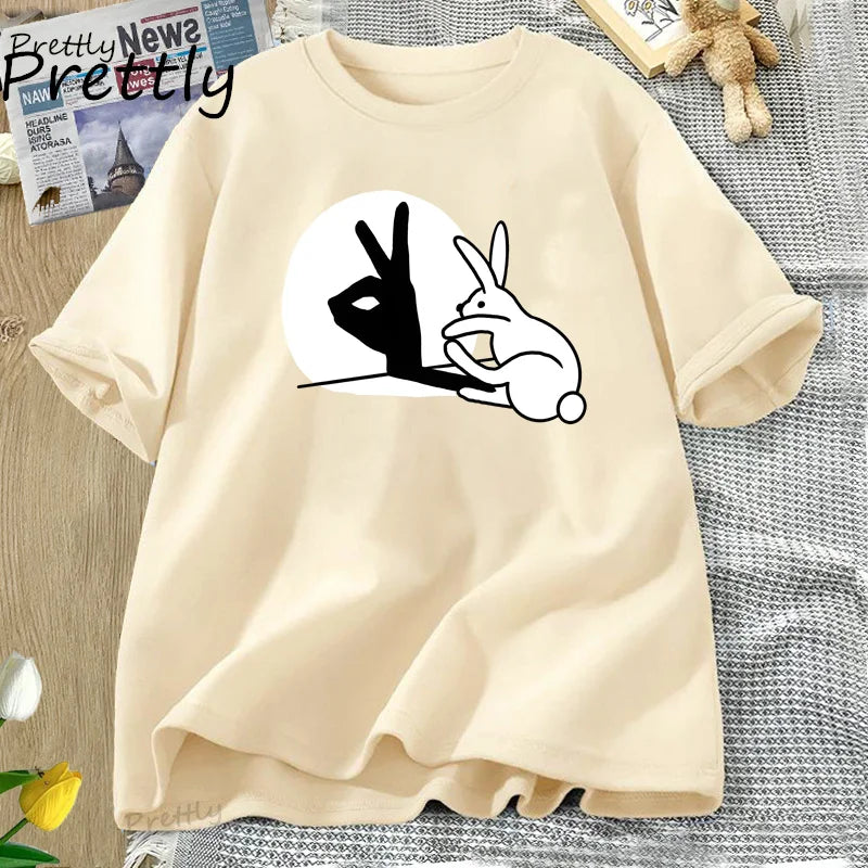 Funny Rabbit Hand Shadow T-Shirt Cute Cotton Short Sleeve T Shirt for Men Women Couple Short Sleeve Tops Harajuku Y2k Clothing