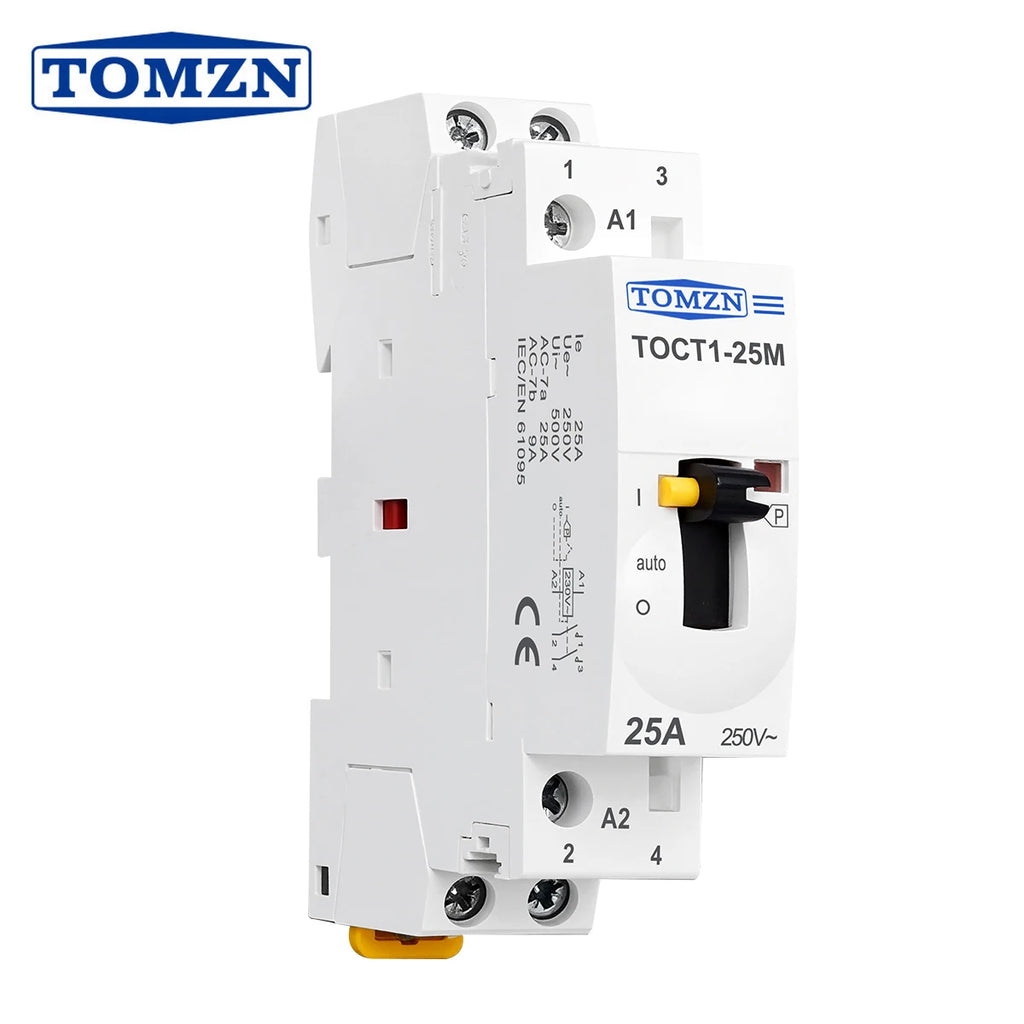 TOCT1 2P 25A 220V/230V 50/60Hz Din Rail Household AC Modular Contactor With Manual Control Switch 2NO or 1NO 1NC or 2NC