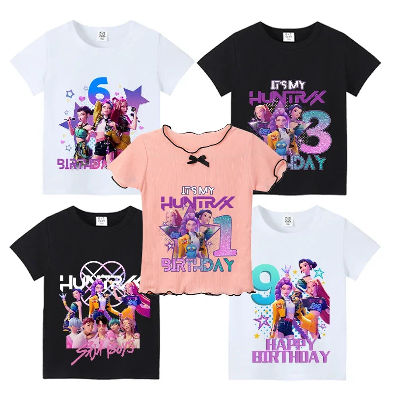 Cartoon Huntrix Number T-shirt Cute Birthday Top Girl Tee Summer Short Sleeve Cotton Boutique Child Clothing Kpop Demon Hunters