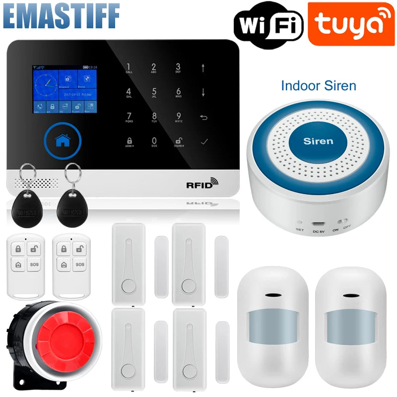 Wireless Tuya APP SIM GSM Home RFID Burglar Security LCD Touch Keyboard WIFI GSM Alarm System Sensor kit Russian,Spanish Voice