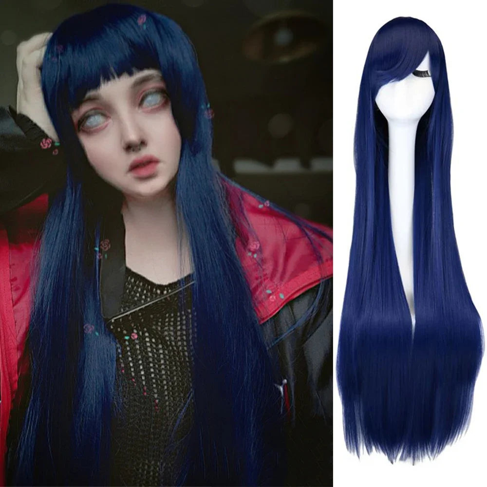 QQXCAIW Long Straight Cosplay Wig Black Purple Black Red Pink Blue Dark Brown 100 Cm Synthetic Hair Wigs
