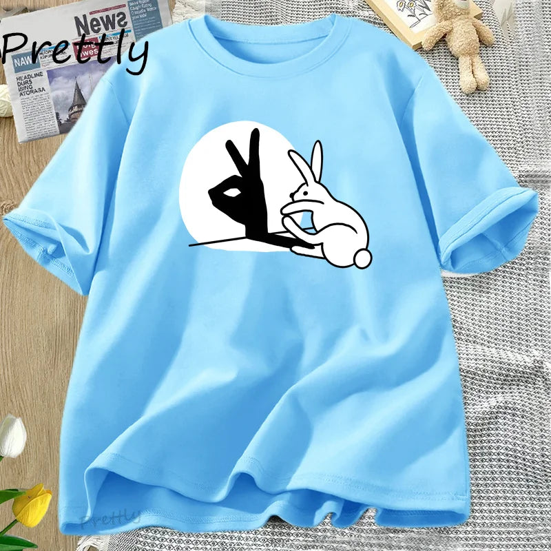 Funny Rabbit Hand Shadow T-Shirt Cute Cotton Short Sleeve T Shirt for Men Women Couple Short Sleeve Tops Harajuku Y2k Clothing