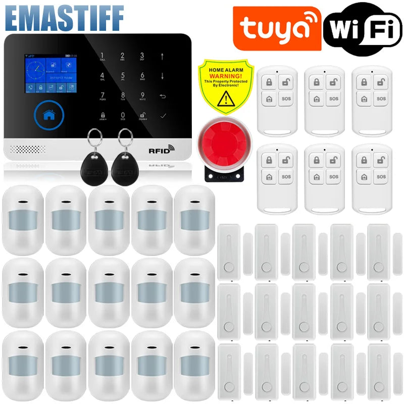 Wireless Tuya APP SIM GSM Home RFID Burglar Security LCD Touch Keyboard WIFI GSM Alarm System Sensor kit Russian,Spanish Voice