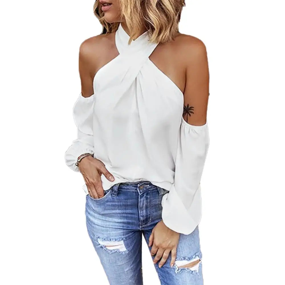 Women Camis Solid Color Long Sleeve Tanks Sexy Halter Off Shoulder Back Zipper Blouse Top Female Clothing For Daily Commuting