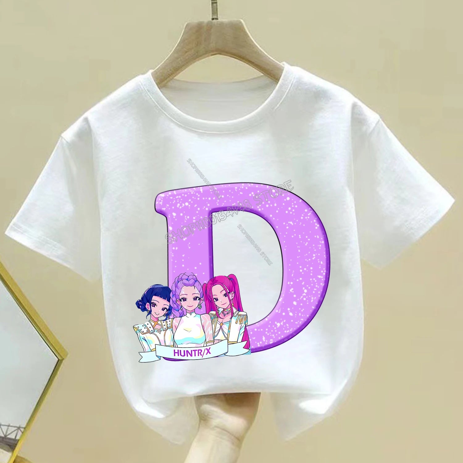 KPop Demon Hunters T-shirt for Children Cartoon A-Z Letters Tee Top White Round Collar Clothes Kids Short Sleeve Clothing Gift