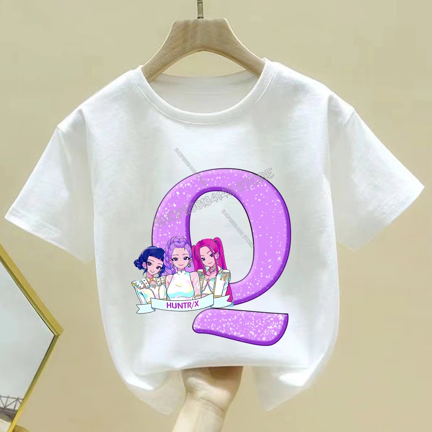 KPop Demon Hunters T-shirt for Children Cartoon A-Z Letters Tee Top White Round Collar Clothes Kids Short Sleeve Clothing Gift