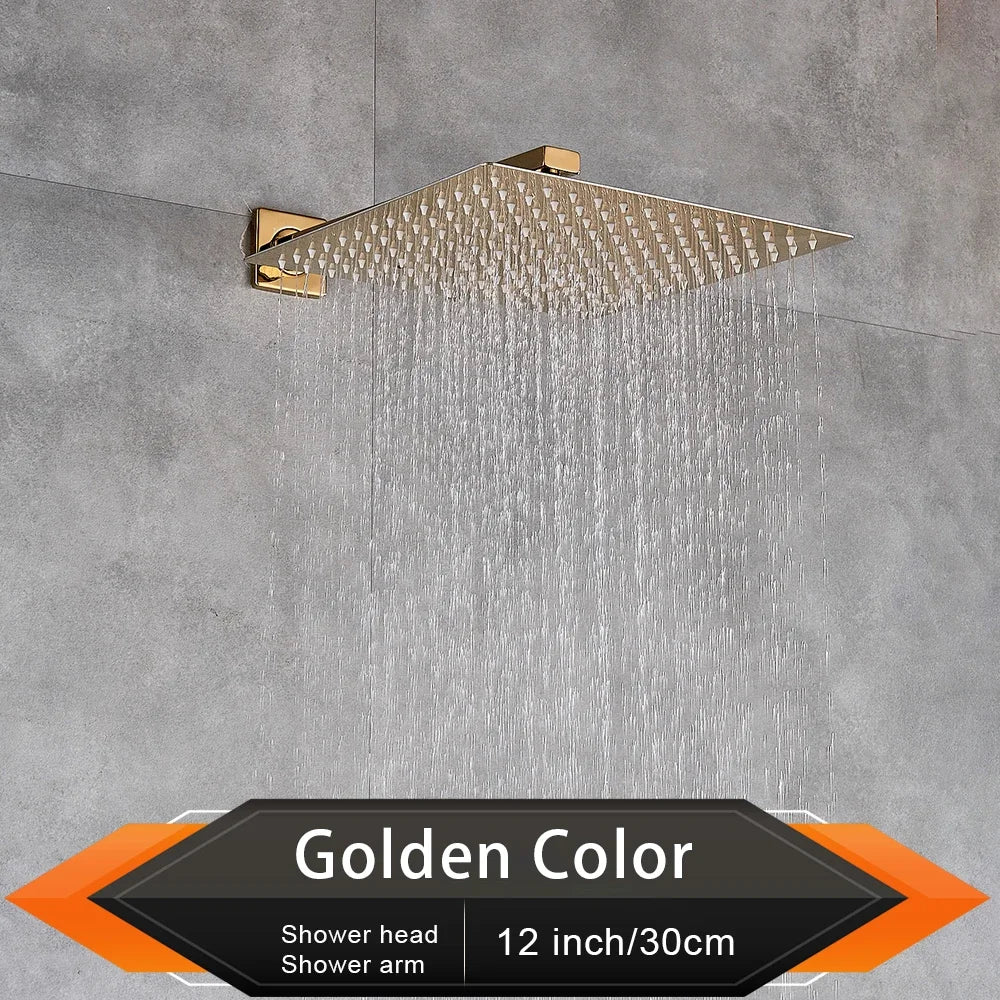 Rozin Brushed Golden Rainfall Shower Head Bathroom 8/10/12" Ultrathin Style Top Shower Head with Wall Mounted Shower Arm