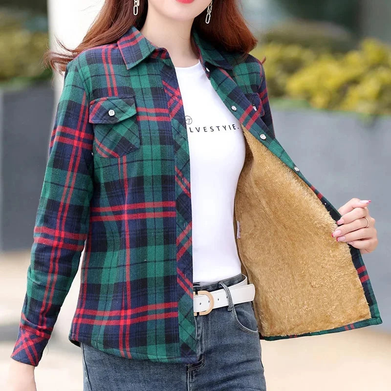 Thickened Fleece Women's Long Sleeve Shirt Autumn Winter New Style Warm Plaid Loose Fit Korean Style Cotton Button up Top