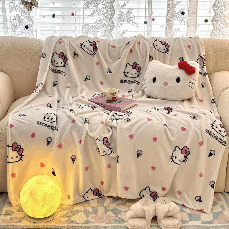 Cartoon Sanrio Hellokitty Blanket Kawaii Children Printed Double-Sided Milk Velvet Single-Layer Blanket Girls Lunch Thin Blanket