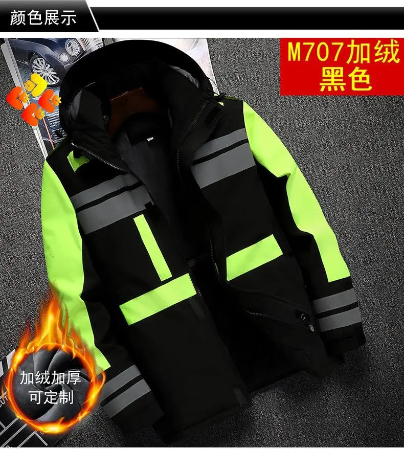 New Winter Work Jacket, Waterproof Windproof Reflective Thermal Coat with Fleece Lining, Stain Resistant