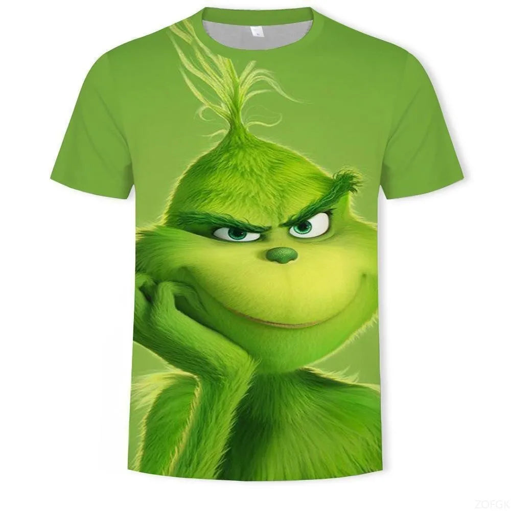 Cross Border New 2025 Christmas Cartoon Green Fur Monster 3D Printed Men's T-shirt Short Sleeved Christmas Grinch