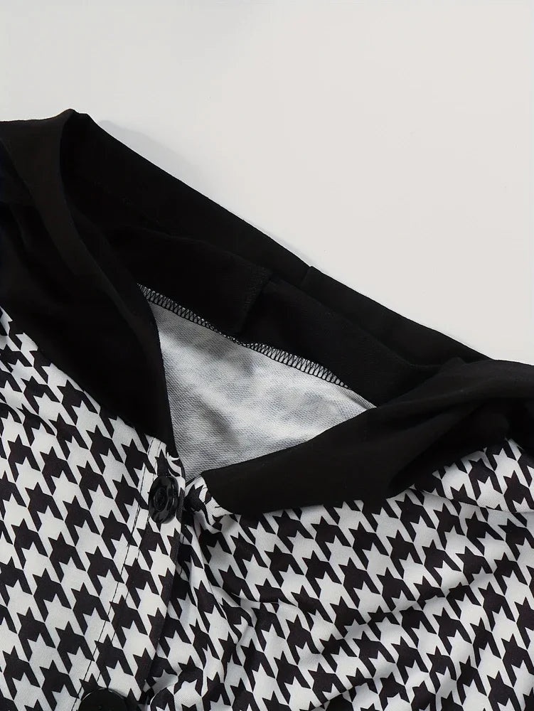 Plus Size 2025 Spring New Women's Houndstooth Print Zip Hooded Jacket Commuter Suitable for Outdoor Wear