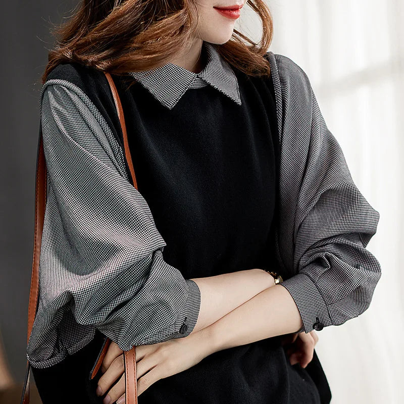 Autumn New Fashion Women's Color-coded Turn-down Collar Long Sleeve Casual Trendy Loose Fake 2 Piece Set Shirts Female Clothes