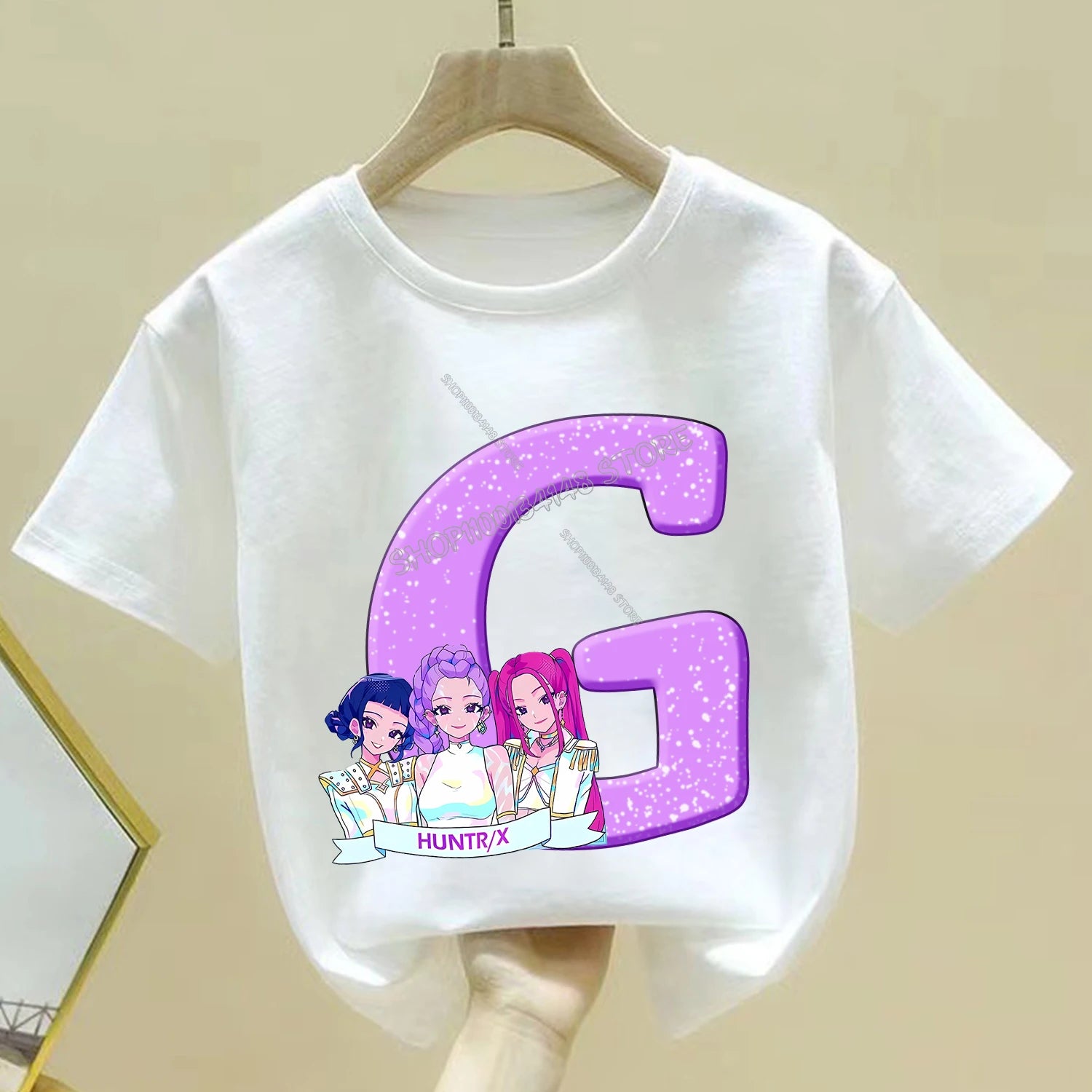 KPop Demon Hunters T-shirt for Children Cartoon A-Z Letters Tee Top White Round Collar Clothes Kids Short Sleeve Clothing Gift