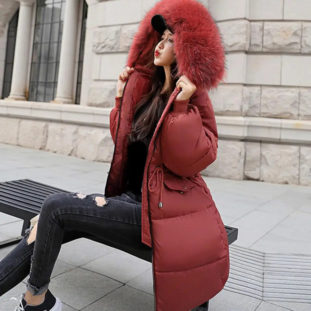 Winter Overcoat Down Coat Jacket Women Fur Furry Hood Thickened Padded Drawstring Waist Zipper Mid Length Cotton Coat