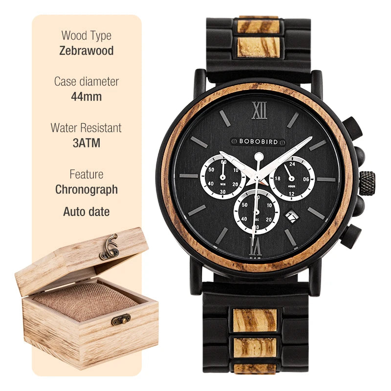 BOBO BIRD Wooden Watch Men erkek kol saati Luxury Stylish Wood Timepieces Chronograph Military Quartz Watches Custom Wood Gift