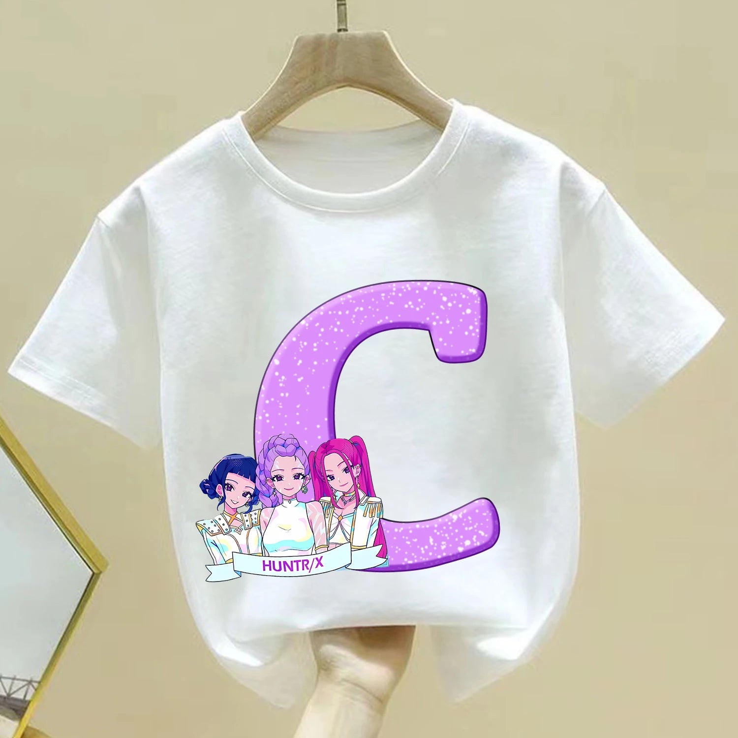 KPop Demon Hunters T-shirt for Children Cartoon A-Z Letters Tee Top White Round Collar Clothes Kids Short Sleeve Clothing Gift