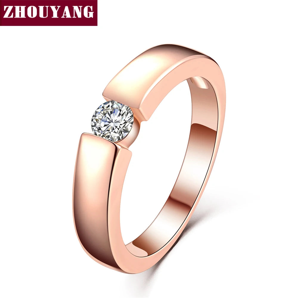 ZHOUYANG 4.5mm Hearts and Arrows Cubic Zirconia Wedding Ring Rose Gold Color & Silver Color Classical Finger Ring R400 R406