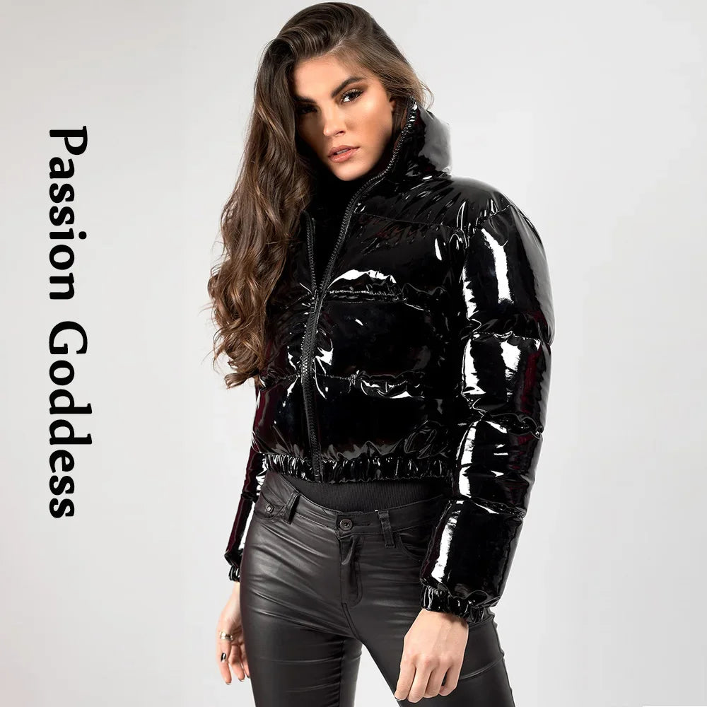 Winter Women Shiny Leather Puffer Jacket Cropped Parka Down Warm Thick Bubble Coats Black PU Leather Parkas Loose Zipper Jackets