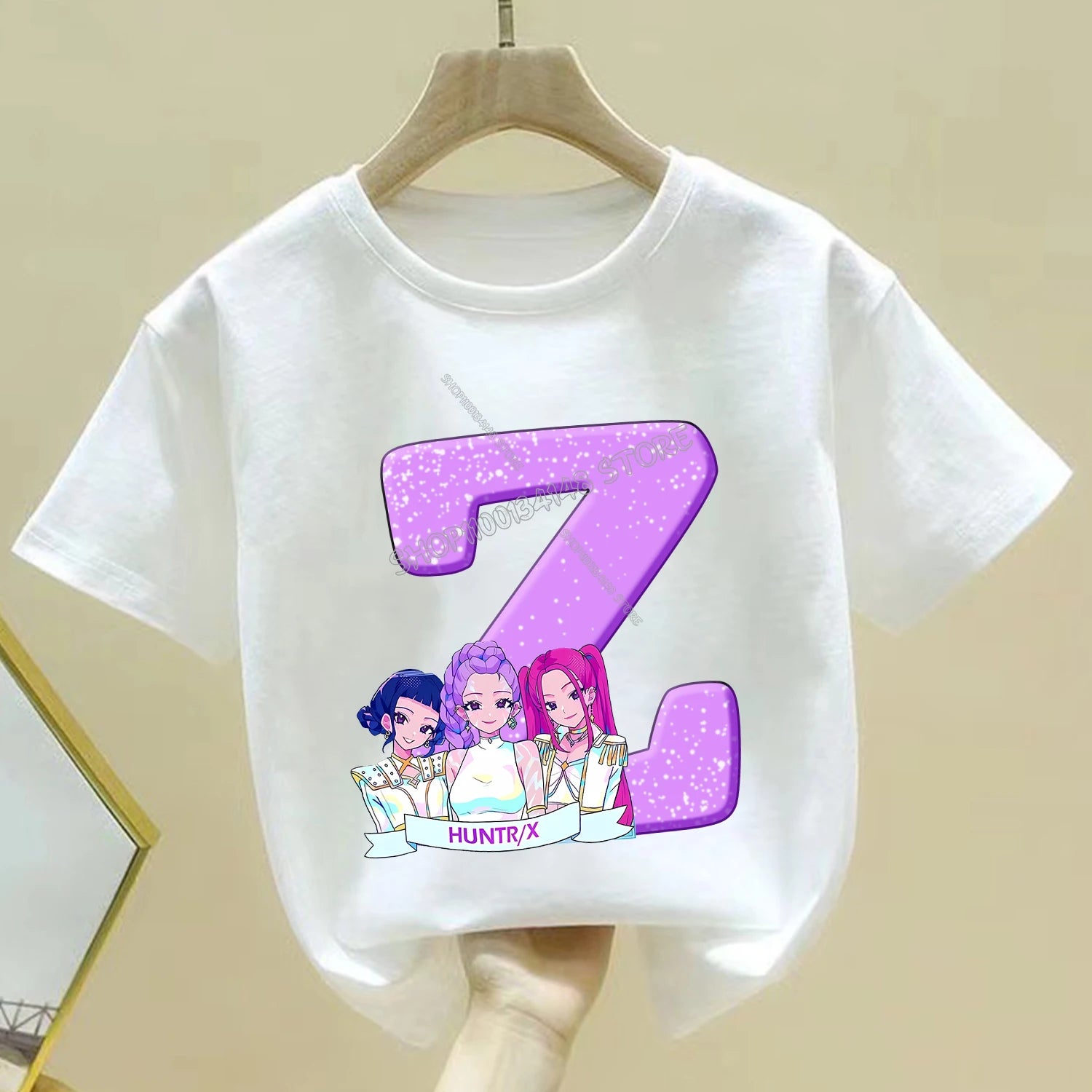 KPop Demon Hunters T-shirt for Children Cartoon A-Z Letters Tee Top White Round Collar Clothes Kids Short Sleeve Clothing Gift