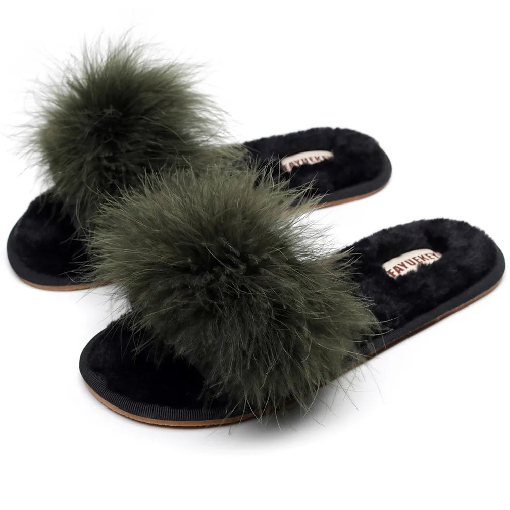FAYUEKEY Spring Summer Winter Home Cotton Fluffy Plush Fur Slippers Women Wedding Floor Bedroom Flat Shoes