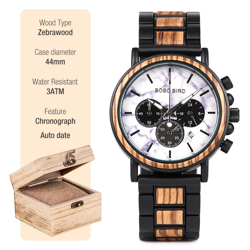 BOBO BIRD Wooden Watch Men erkek kol saati Luxury Stylish Wood Timepieces Chronograph Military Quartz Watches Custom Wood Gift