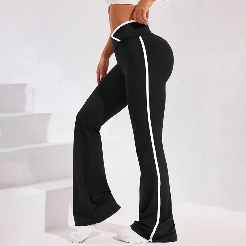 Side Stripe Flared Yoga Pants Women Cross Waist High Rise Butt Lifting Wide Leg Outdoor Slim Fit  Wicking Sportswear