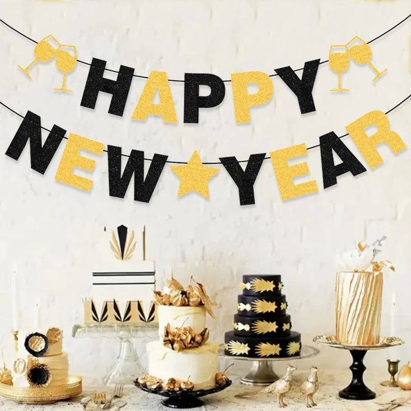 2026 Happy New Year Banner, Black and Gold with Glitter and Wine Glasses,New Year Party Decoration