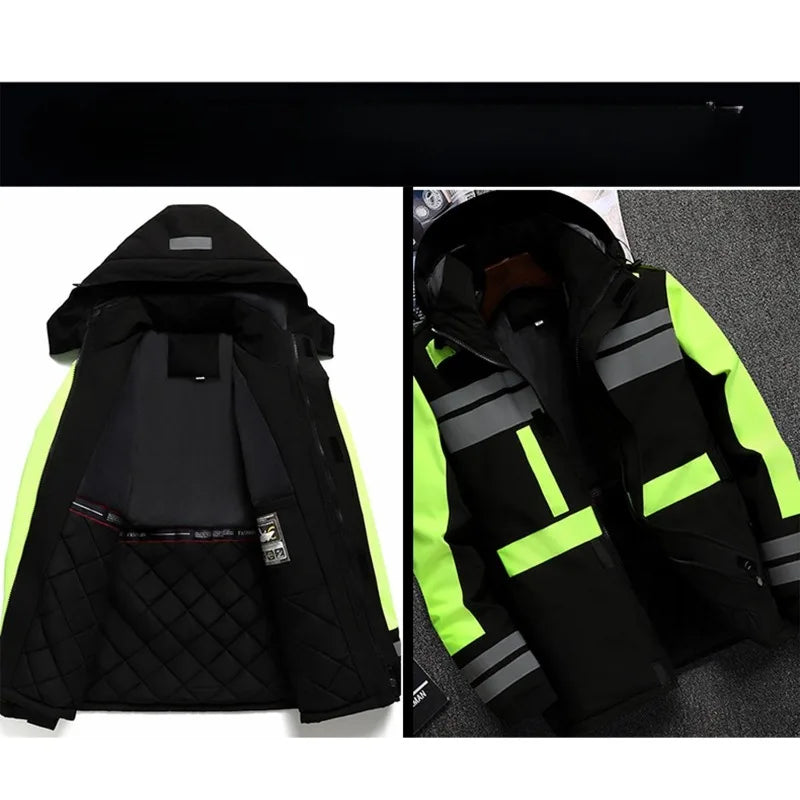 New Winter Work Jacket, Waterproof Windproof Reflective Thermal Coat with Fleece Lining, Stain Resistant
