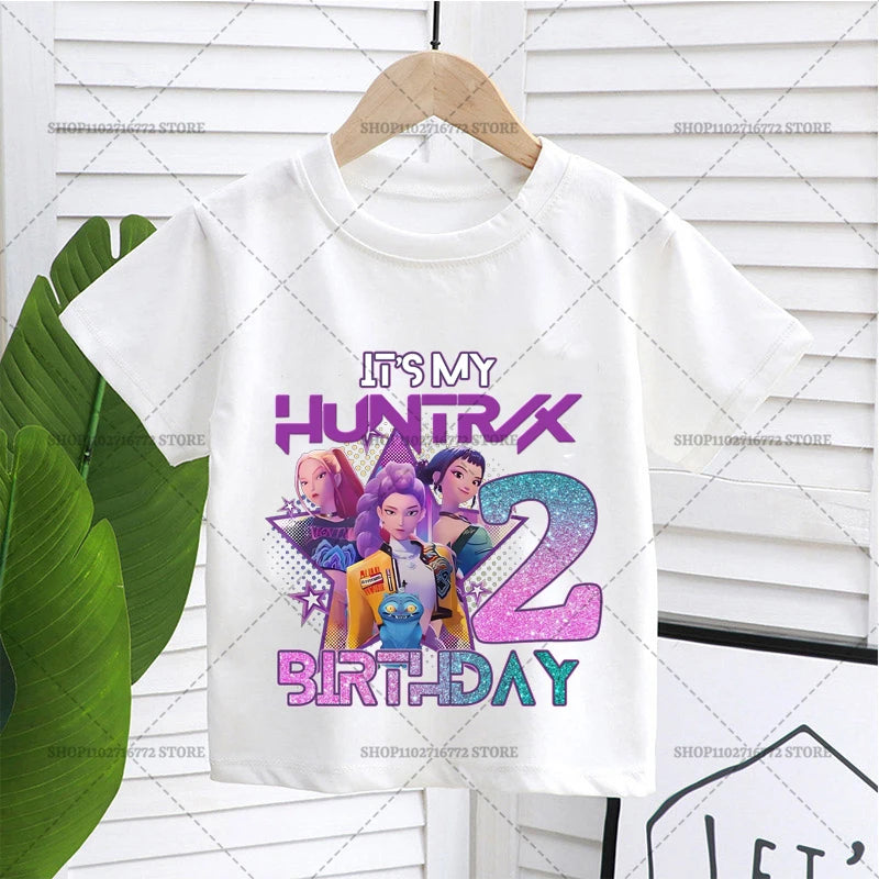 Cartoon Huntrix Number T-shirt Cute Birthday Top Girl Tee Summer Short Sleeve Cotton Boutique Child Clothing Kpop Demon Hunters