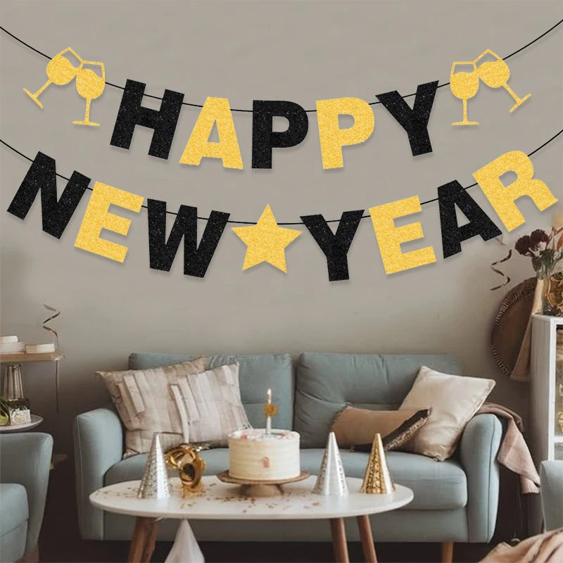 2026 Happy New Year Banner, Black and Gold with Glitter and Wine Glasses,New Year Party Decoration