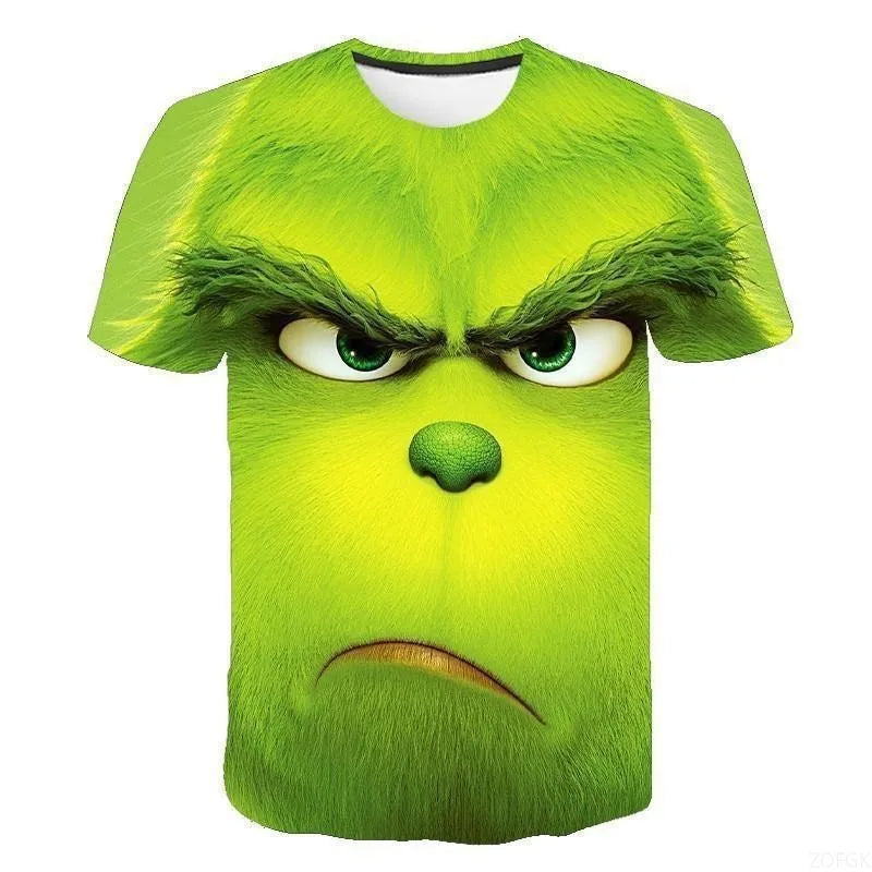 Cross Border New 2025 Christmas Cartoon Green Fur Monster 3D Printed Men's T-shirt Short Sleeved Christmas Grinch