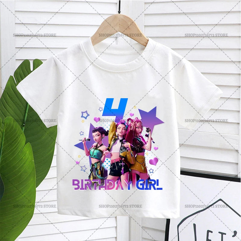 Cartoon Huntrix Number T-shirt Cute Birthday Top Girl Tee Summer Short Sleeve Cotton Boutique Child Clothing Kpop Demon Hunters
